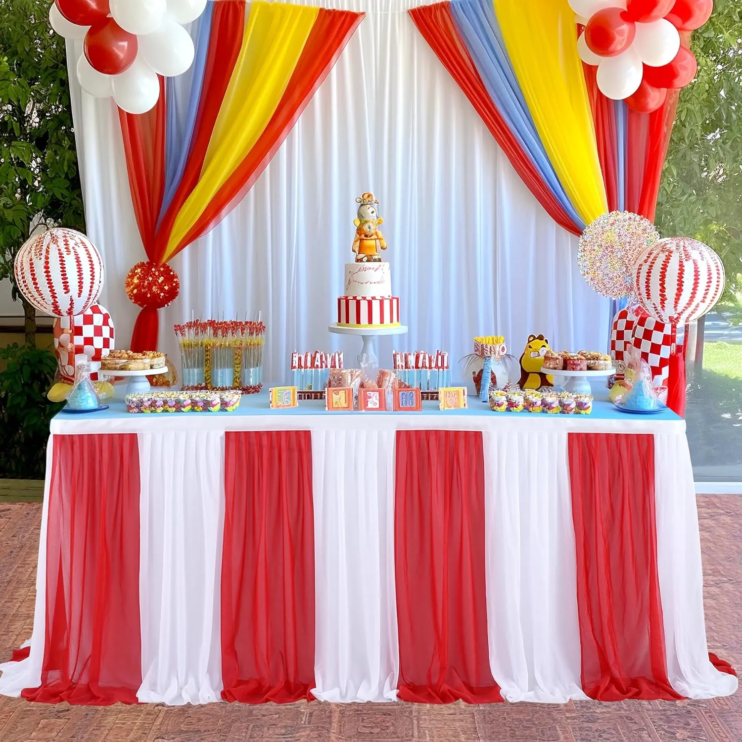 Circus Table Skirt Red White Striped Tulle Table Skirts for Rectangle Table Birthday Carnival Circus Party Decorations 14ft
