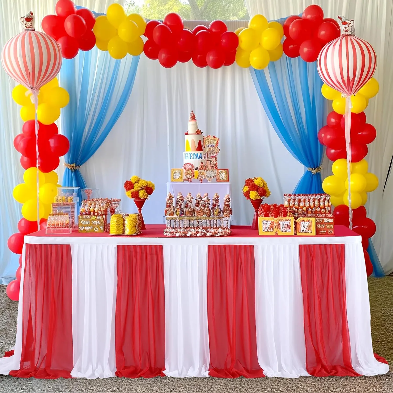 Circus Table Skirt Red White Striped Tulle Table Skirts for Rectangle Table Birthday Carnival Circus Party Decorations 14ft