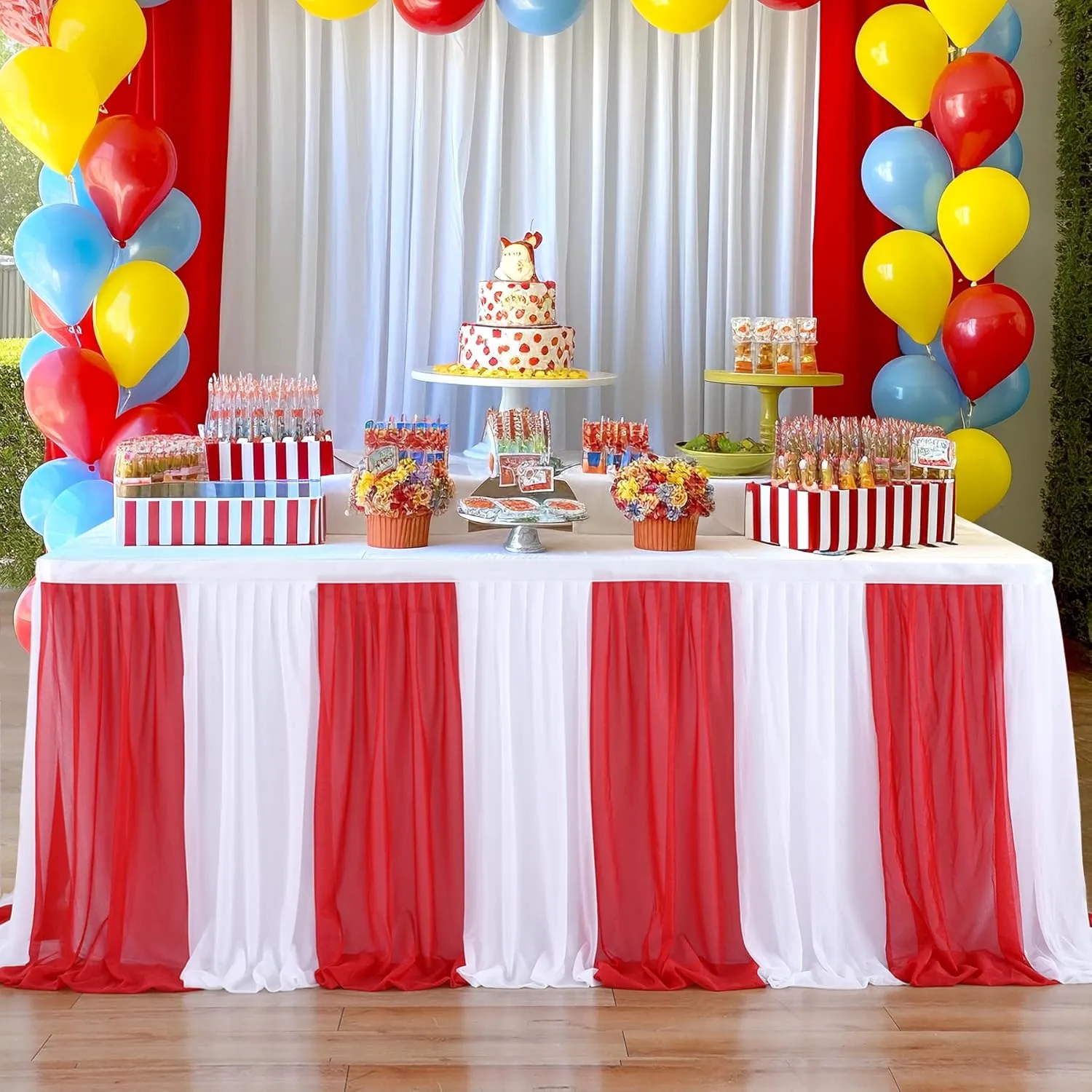 Circus Table Skirt Red White Striped Tulle Table Skirts for Rectangle Table Birthday Carnival Circus Party Decorations 14ft
