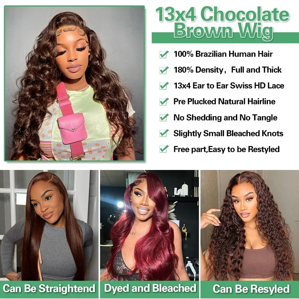 CITY GIRL Brown Lace Front Wigs Human Hair Body Wave 26 Inch 13x4 Hd Transparent Lace Frontal Chocolate Brown Human Hair Wig For Women Pre Plucked Natural Hairline 180 Density