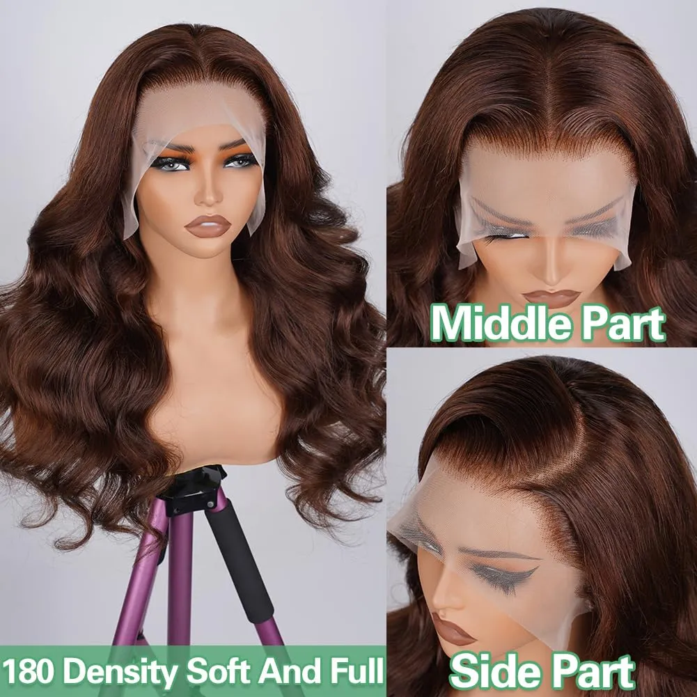 CITY GIRL Brown Lace Front Wigs Human Hair Body Wave 26 Inch 13x4 Hd Transparent Lace Frontal Chocolate Brown Human Hair Wig For Women Pre Plucked Natural Hairline 180 Density