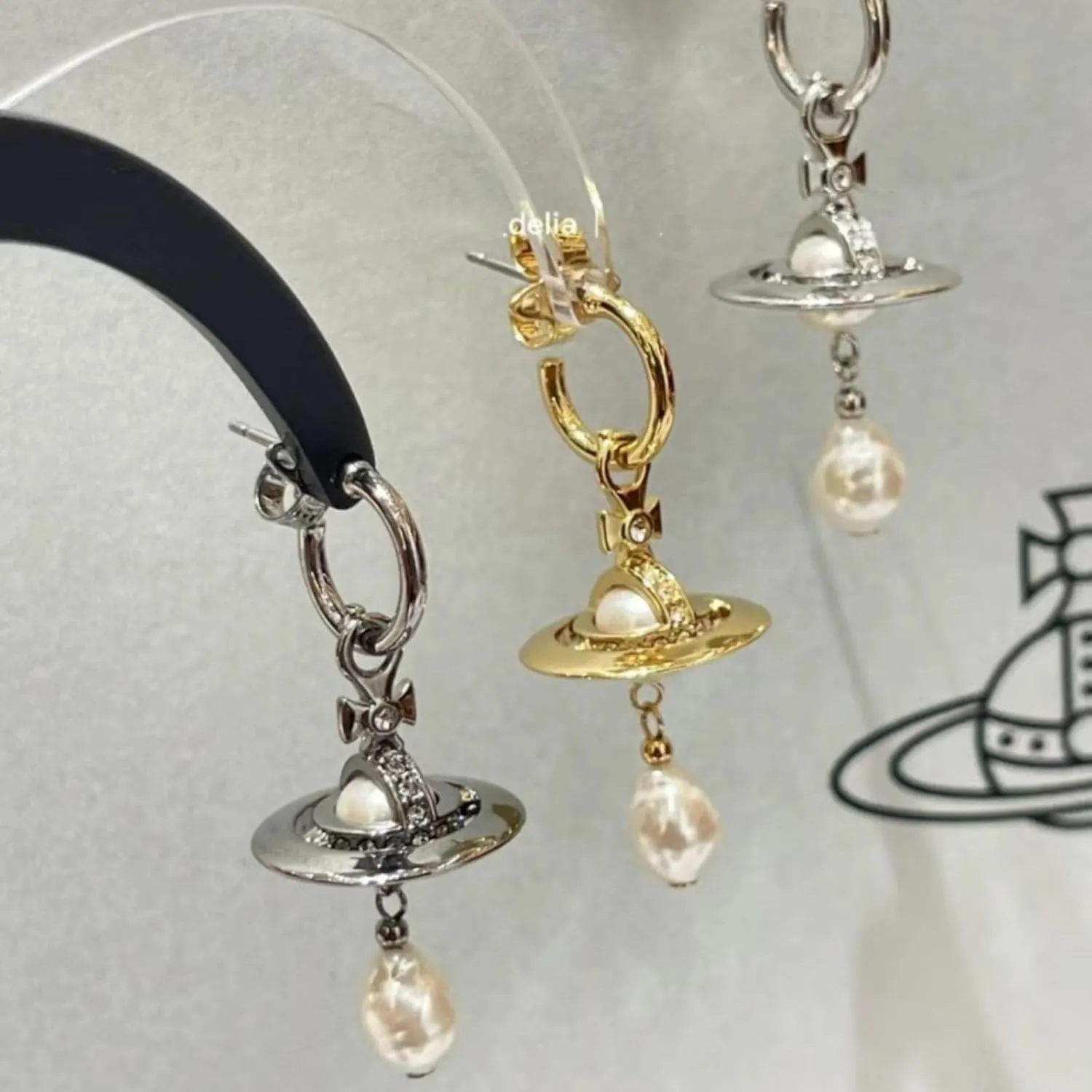 Classic Saturn Pearl Earrings 3D Planet Water Drop Tassel Studs Electroplated Titanium Steel Jewelry for Women