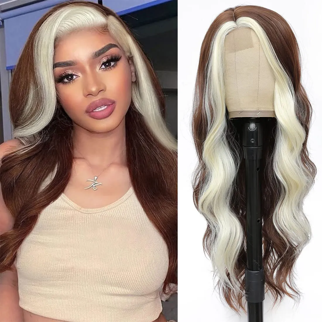 CLIONE 28" Skunk Stripe Lace Front Wig, Brown Mixed Blonde, Long Wavy Synthetic Wig for Women