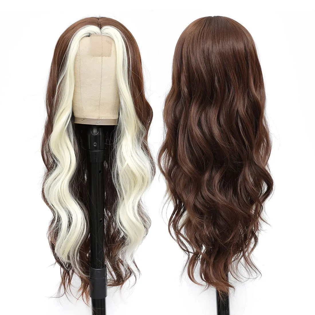 CLIONE 28" Skunk Stripe Lace Front Wig, Brown Mixed Blonde, Long Wavy Synthetic Wig for Women