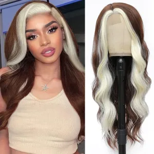 CLIONE 28" Skunk Stripe Lace Front Wig, Brown Mixed Blonde, Long Wavy Synthetic Wig for Women
