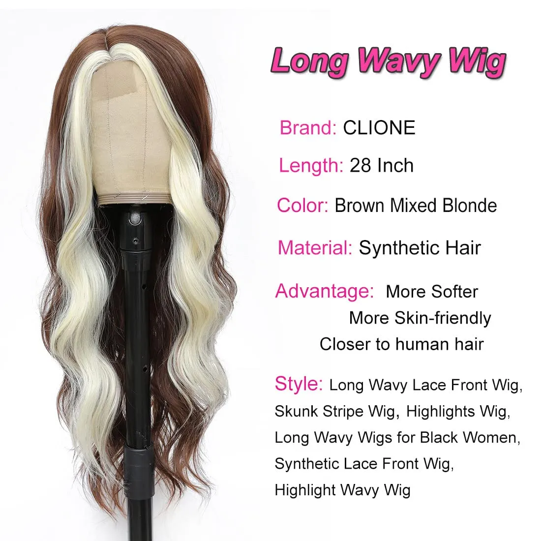 CLIONE 28" Skunk Stripe Lace Front Wig, Brown Mixed Blonde, Long Wavy Synthetic Wig for Women