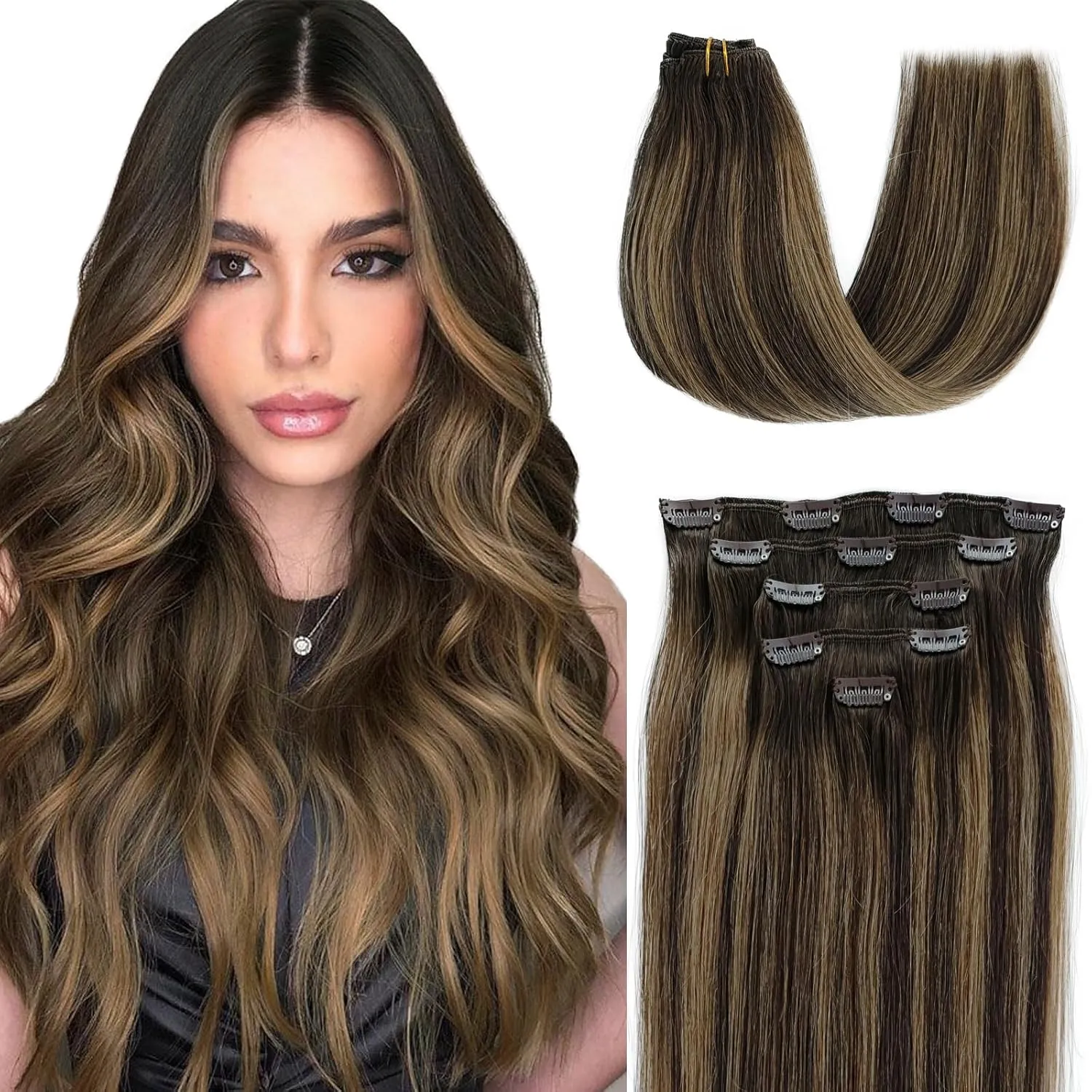 Clip in Hair Extensions Human Hair, 70g 5 Pieces Hair Extension Clips Balayage Dark Brown Fading to Ash Brown Mixed Dark Brown Hair Extensions Real Human Hair Clip ins for Women 20 Inch