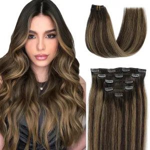 Clip in Hair Extensions Human Hair, 70g 5 Pieces Hair Extension Clips Balayage Dark Brown Fading to Ash Brown Mixed Dark Brown Hair Extensions Real Human Hair Clip ins for Women 20 Inch
