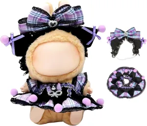 Clothes for 17cm Doll - Plum/Black Tiered Dress with Bow Headpiece, Royal Style Doll Party Outfit, Halloween & Cosplay Essential