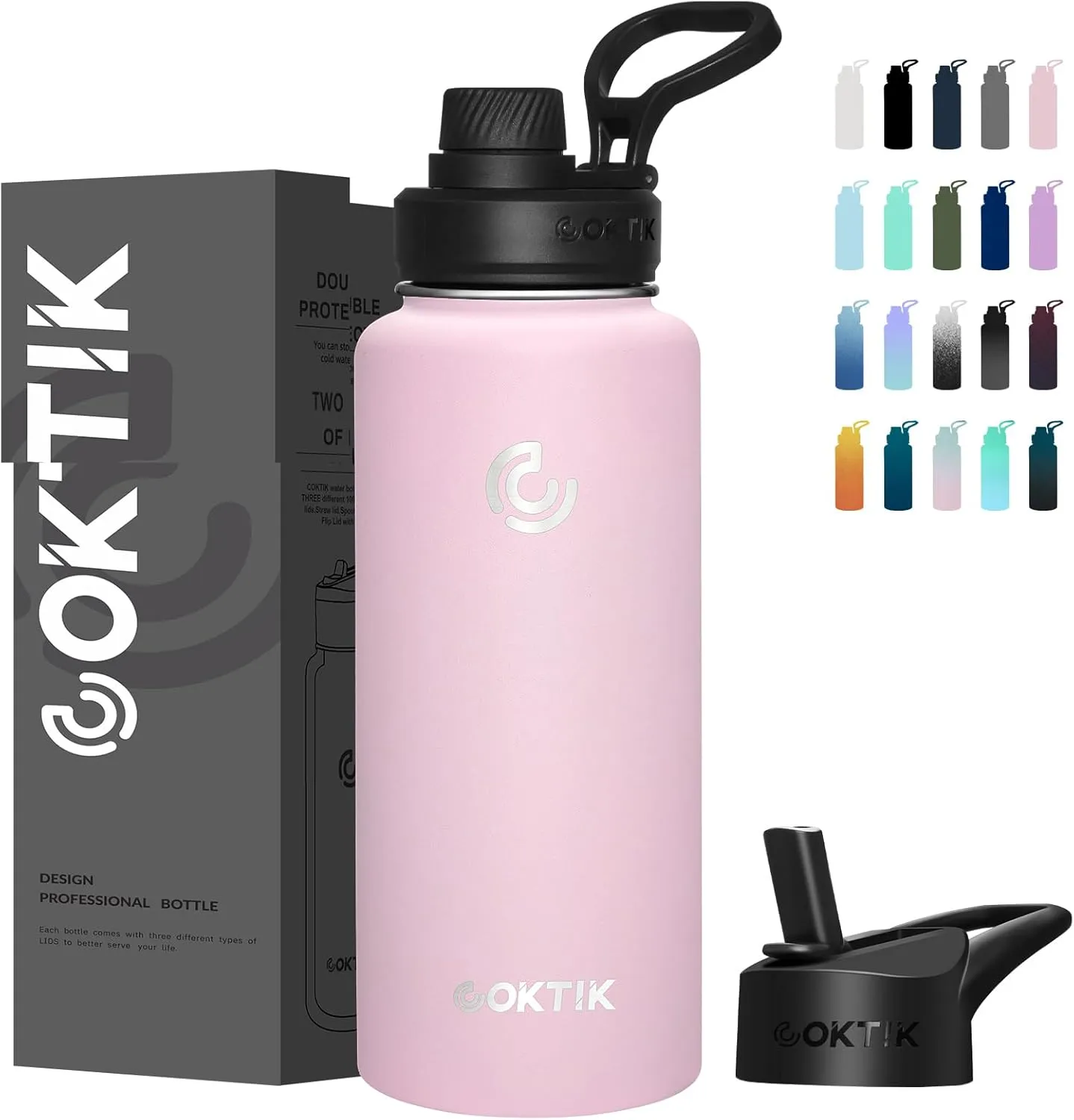 COKTIK 40 oz Sports Water Bottle With Straw,2 Lids, Stainless Steel Vacuum Insulated Water Bottles,Leakproof Lightweight, Keeps Cold and Hot, Great for Travel, Hiking, Biking, Running(Blush)
