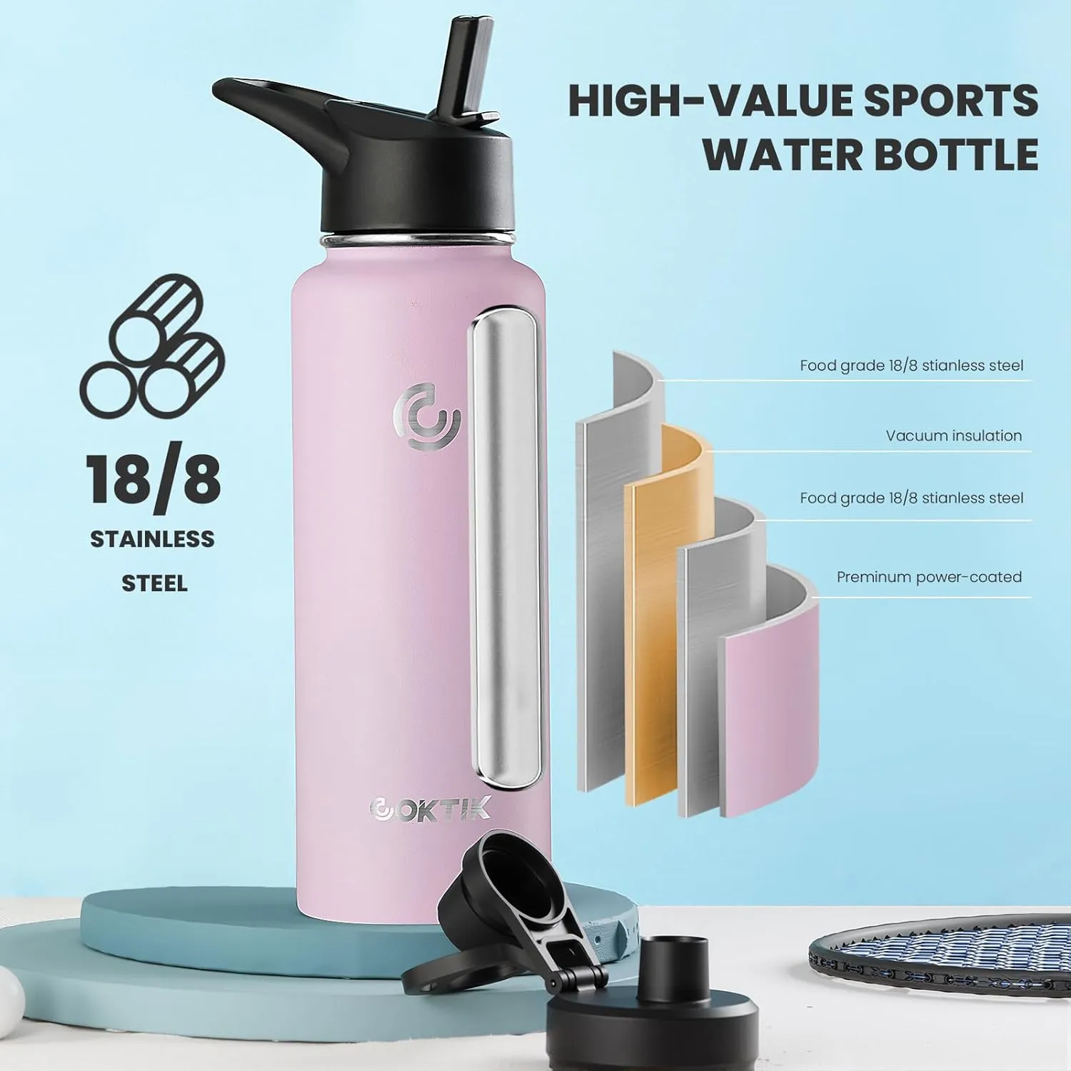 COKTIK 40 oz Sports Water Bottle With Straw,2 Lids, Stainless Steel Vacuum Insulated Water Bottles,Leakproof Lightweight, Keeps Cold and Hot, Great for Travel, Hiking, Biking, Running(Blush)