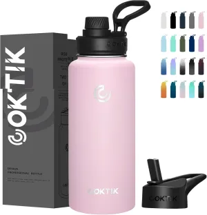 COKTIK 40 oz Sports Water Bottle With Straw,2 Lids, Stainless Steel Vacuum Insulated Water Bottles,Leakproof Lightweight, Keeps Cold and Hot, Great for Travel, Hiking, Biking, Running(Blush)