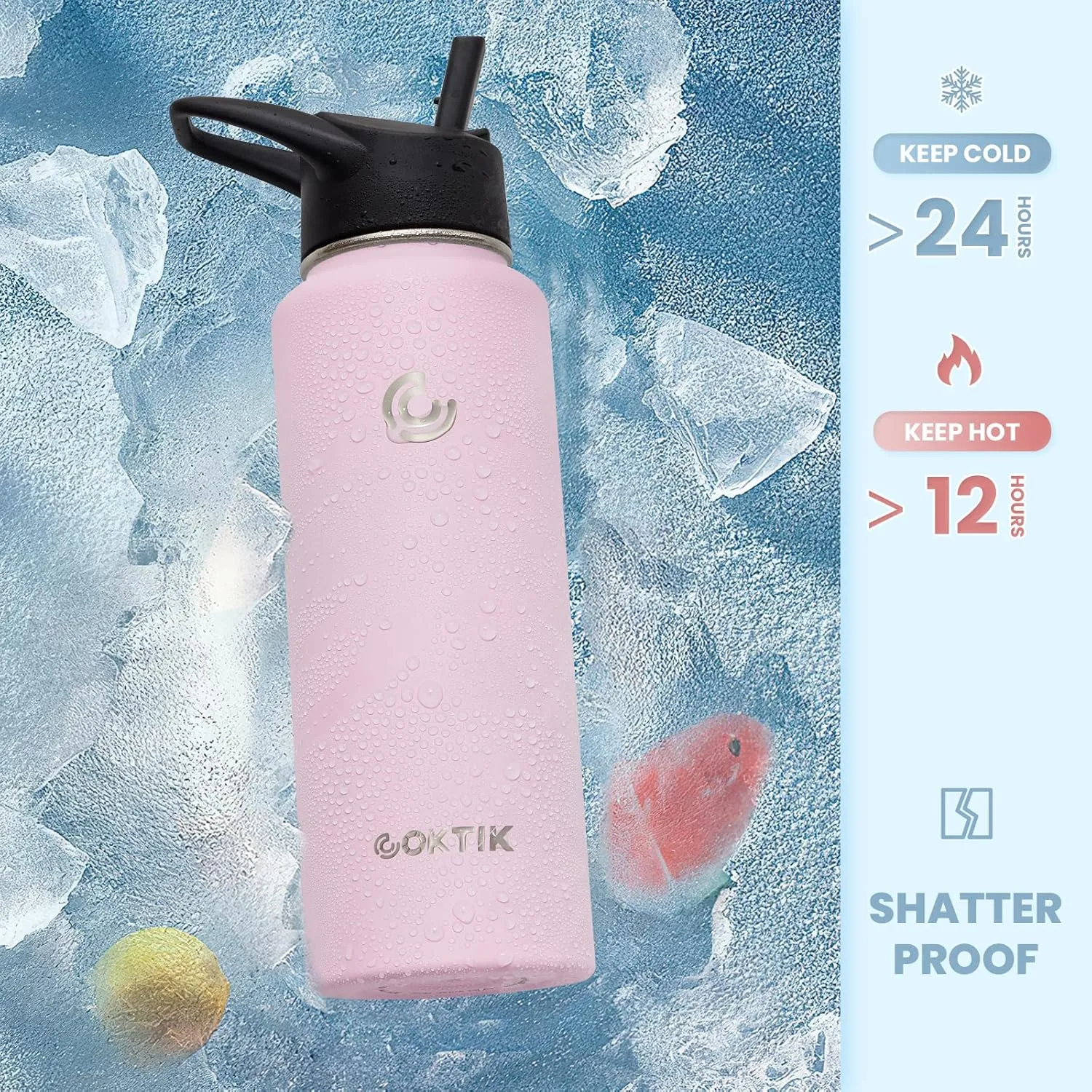 COKTIK 40 oz Sports Water Bottle With Straw,2 Lids, Stainless Steel Vacuum Insulated Water Bottles,Leakproof Lightweight, Keeps Cold and Hot, Great for Travel, Hiking, Biking, Running(Blush)