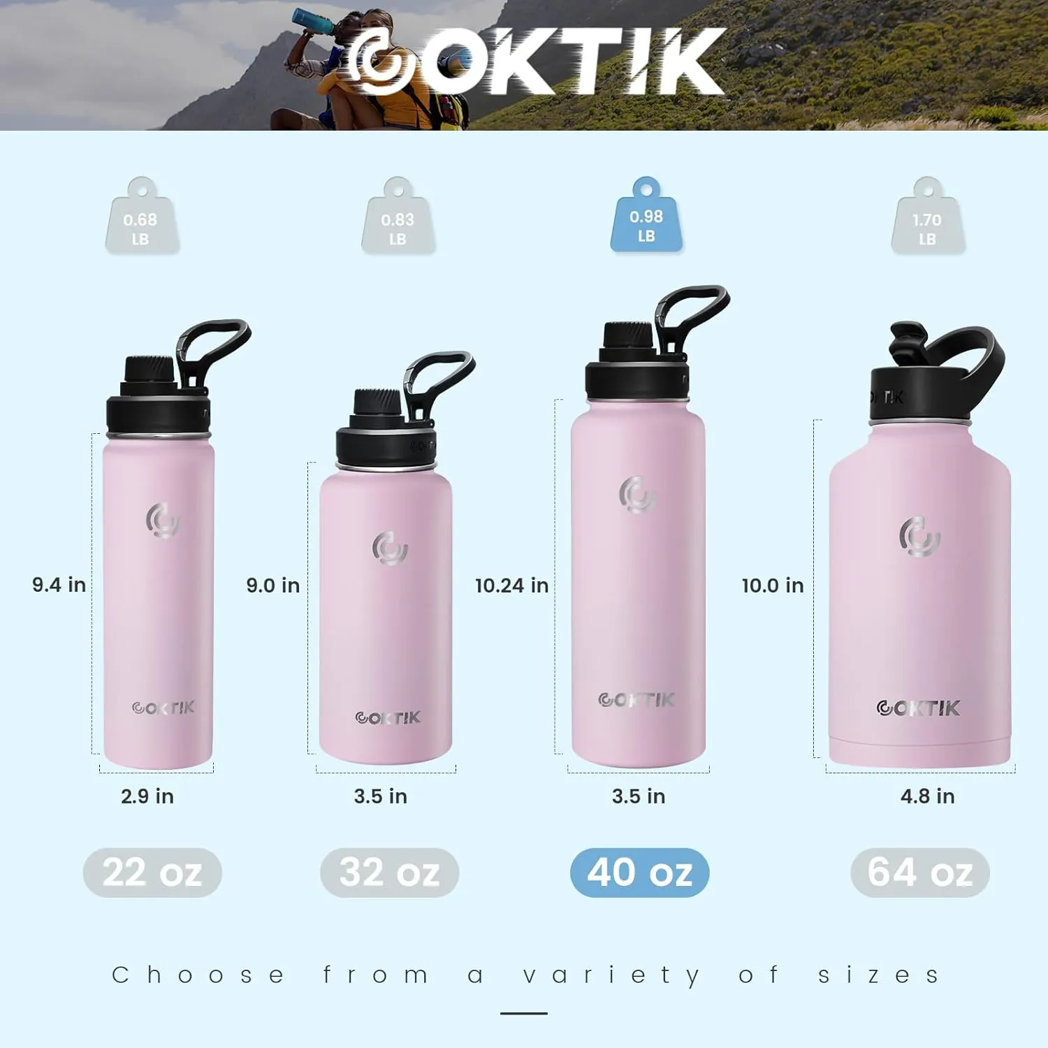 COKTIK 40 oz Sports Water Bottle With Straw,2 Lids, Stainless Steel Vacuum Insulated Water Bottles,Leakproof Lightweight, Keeps Cold and Hot, Great for Travel, Hiking, Biking, Running(Blush)