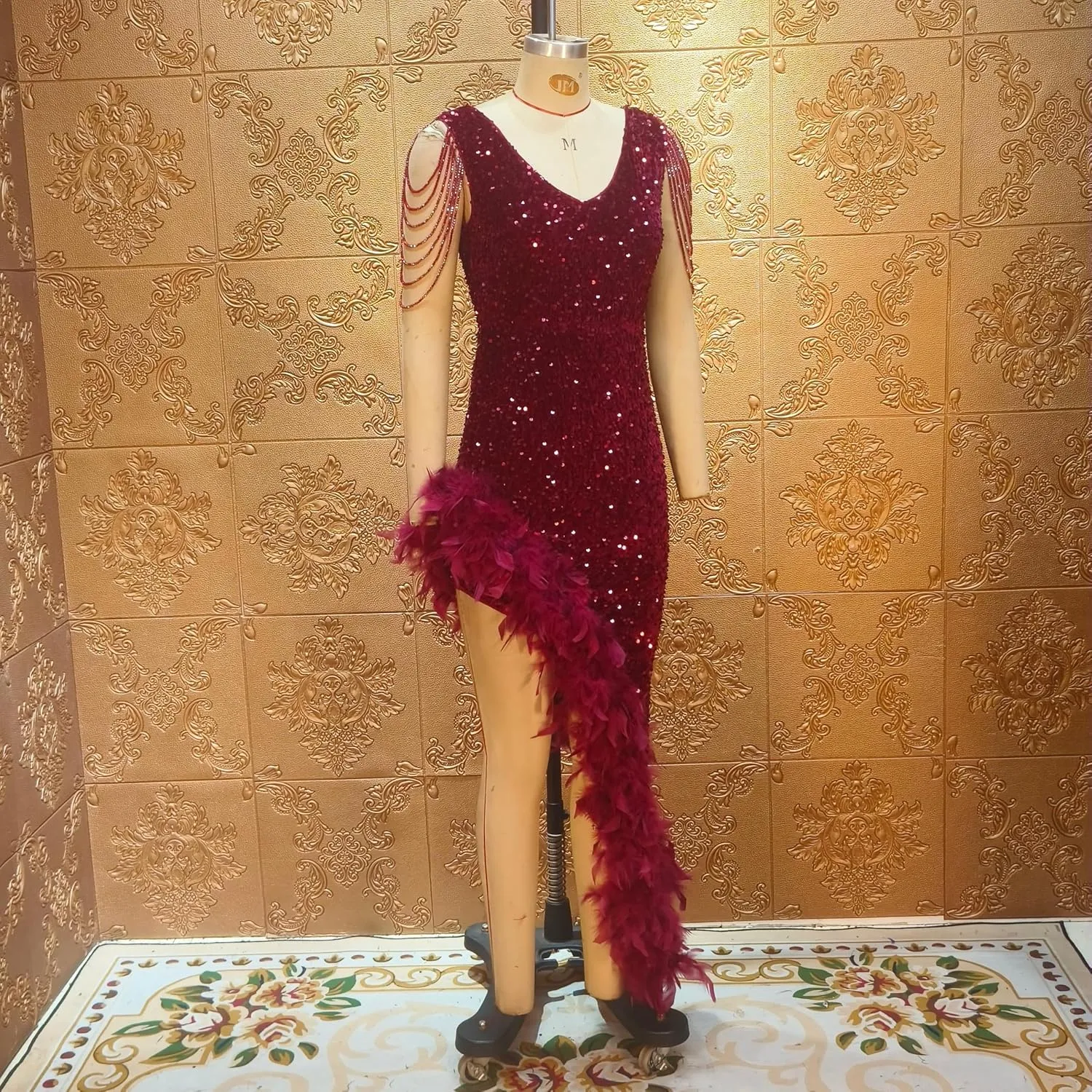 Cololura Women Sexy Elegant Sequin V Neck Tassel Mermaid Bodycon Formal Party Gowns Evening Maxi Dress