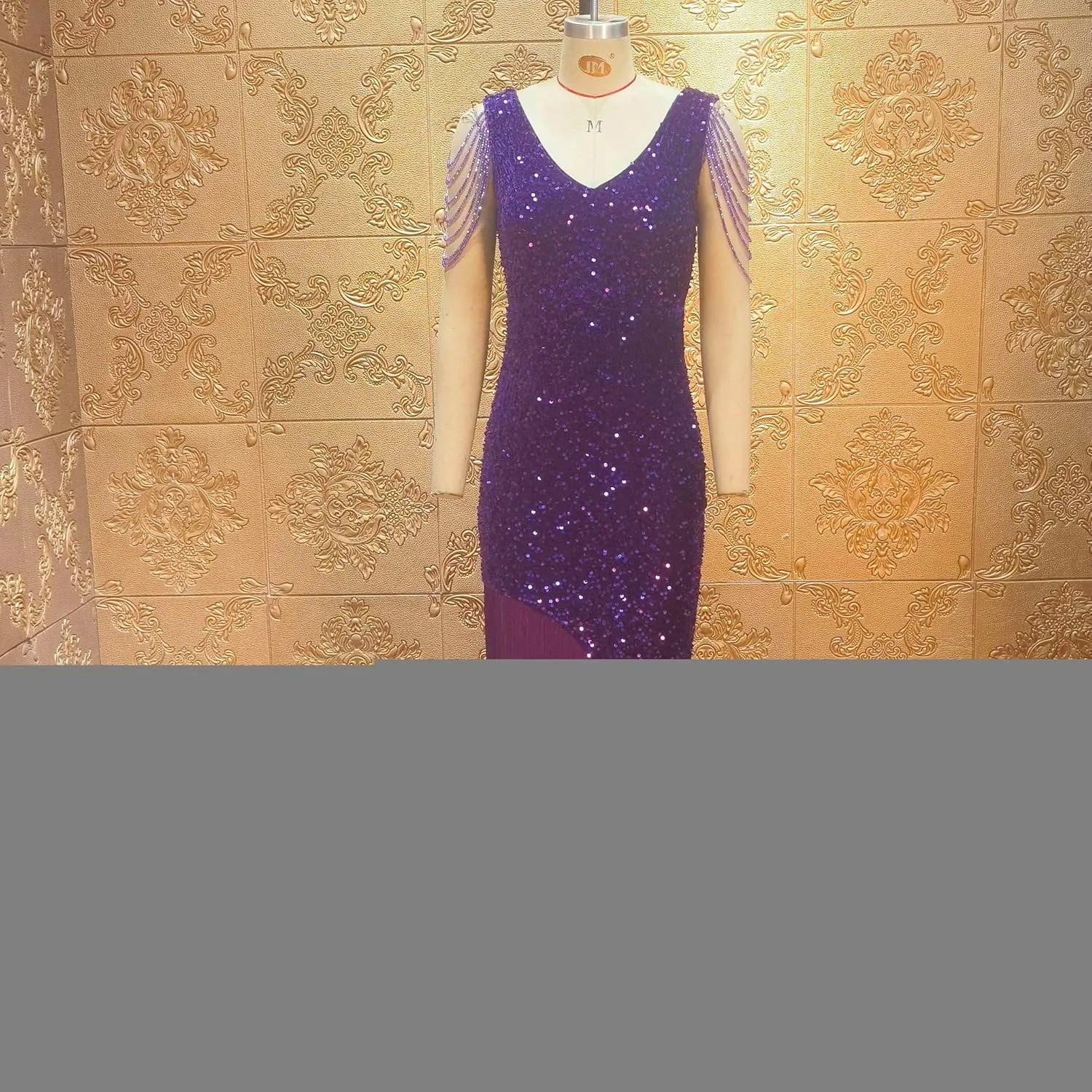 Cololura Women Sexy Elegant Sequin V Neck Tassel Mermaid Bodycon Formal Party Gowns Evening Maxi Dress