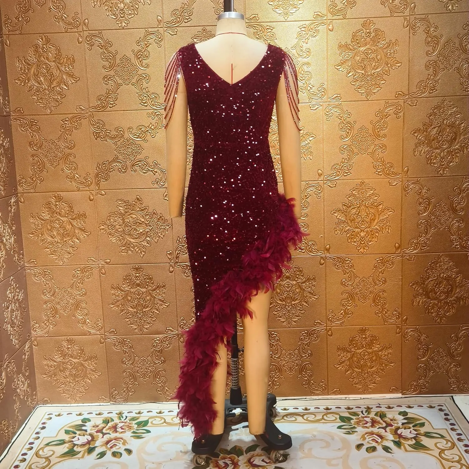 Cololura Women Sexy Elegant Sequin V Neck Tassel Mermaid Bodycon Formal Party Gowns Evening Maxi Dress
