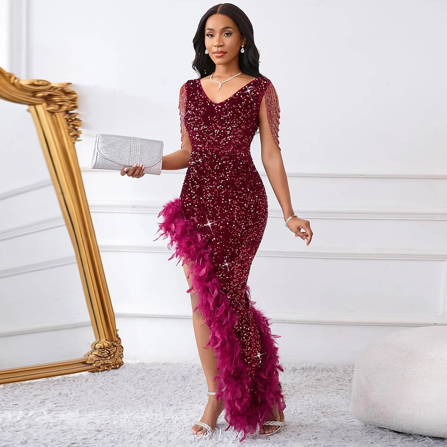 Cololura Women Sexy Elegant Sequin V Neck Tassel Mermaid Bodycon Formal Party Gowns Evening Maxi Dress