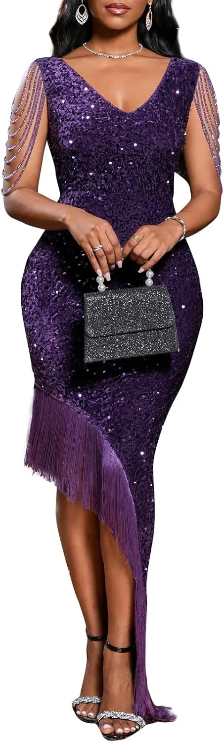 Cololura Women Sexy Elegant Sequin V Neck Tassel Mermaid Bodycon Formal Party Gowns Evening Maxi Dress
