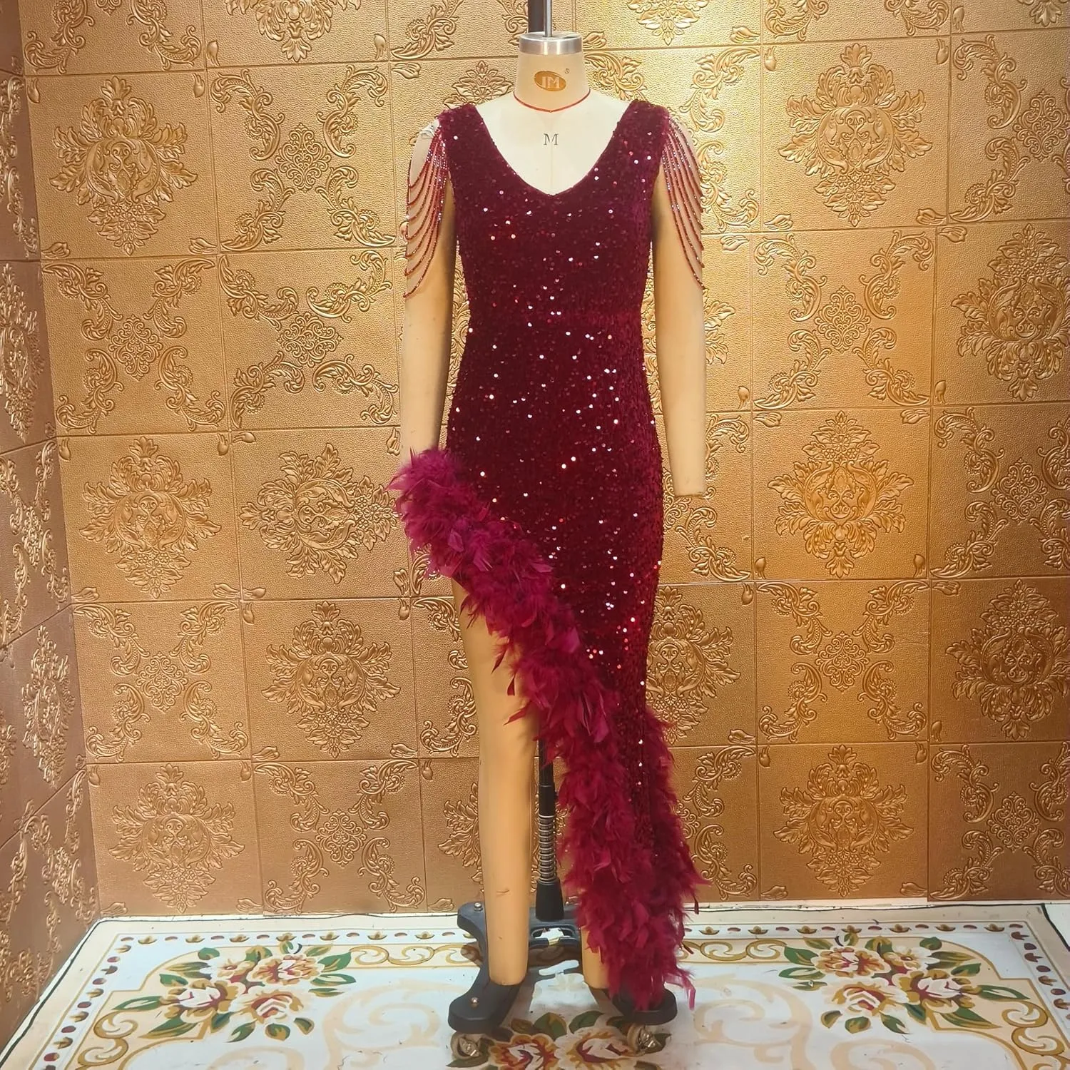 Cololura Women Sexy Elegant Sequin V Neck Tassel Mermaid Bodycon Formal Party Gowns Evening Maxi Dress