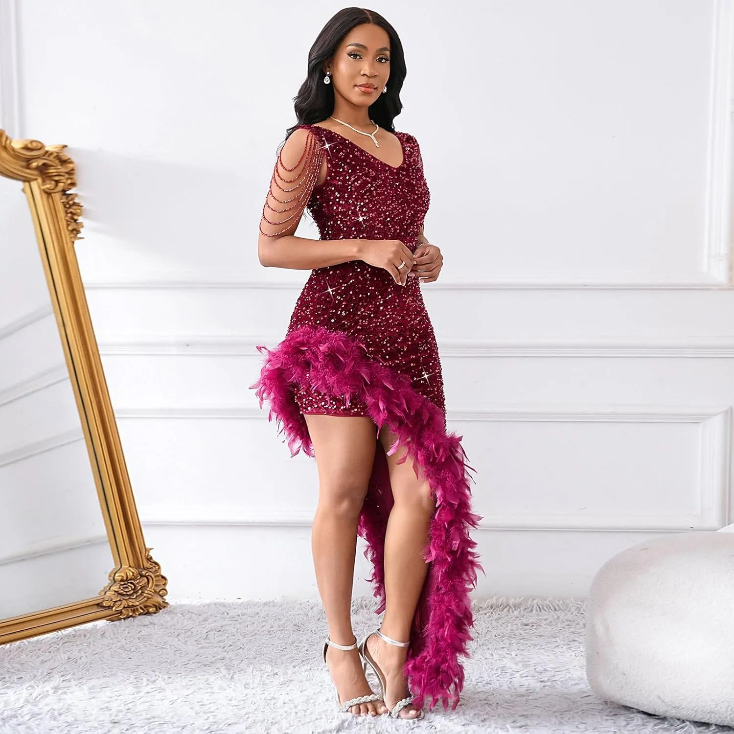 Cololura Women Sexy Elegant Sequin V Neck Tassel Mermaid Bodycon Formal Party Gowns Evening Maxi Dress