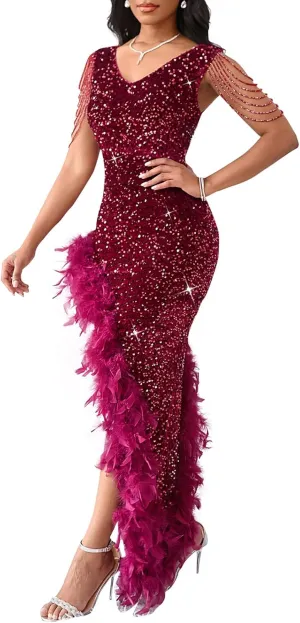 Cololura Women Sexy Elegant Sequin V Neck Tassel Mermaid Bodycon Formal Party Gowns Evening Maxi Dress