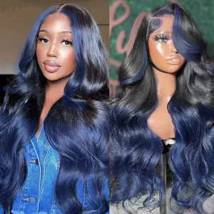 Colorful Bird Ombre Blue Lace Front Wigs Human Hair Body Wave 13x4 Skunk Stripe Royal Blue Lace Front Wigs 150% 1B/blue Ombre Highlight HD Lace Front Wig Human Hair Pre Plucked with Baby Hair 18 inch