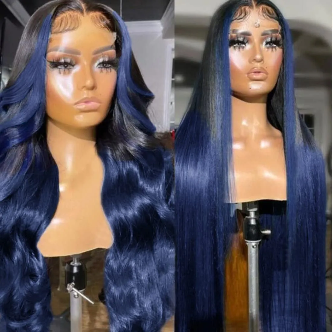 Colorful Bird Ombre Blue Lace Front Wigs Human Hair Body Wave 13x4 Skunk Stripe Royal Blue Lace Front Wigs 150% 1B/blue Ombre Highlight HD Lace Front Wig Human Hair Pre Plucked with Baby Hair 18 inch