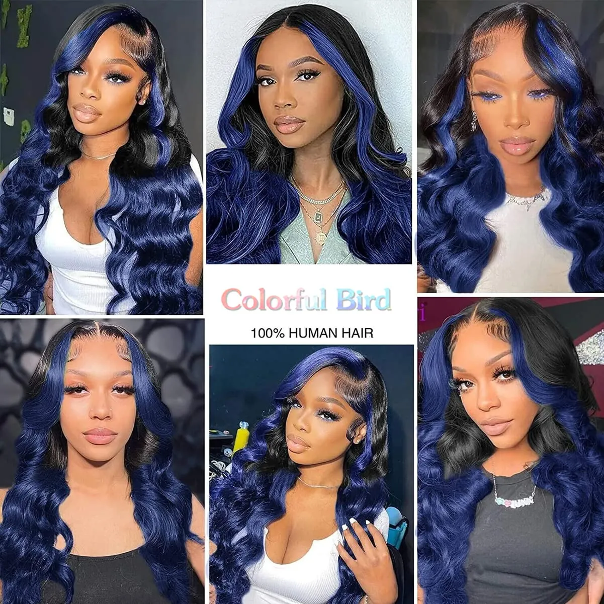 Colorful Bird Ombre Blue Lace Front Wigs Human Hair Body Wave 13x4 Skunk Stripe Royal Blue Lace Front Wigs 150% 1B/blue Ombre Highlight HD Lace Front Wig Human Hair Pre Plucked with Baby Hair 18 inch