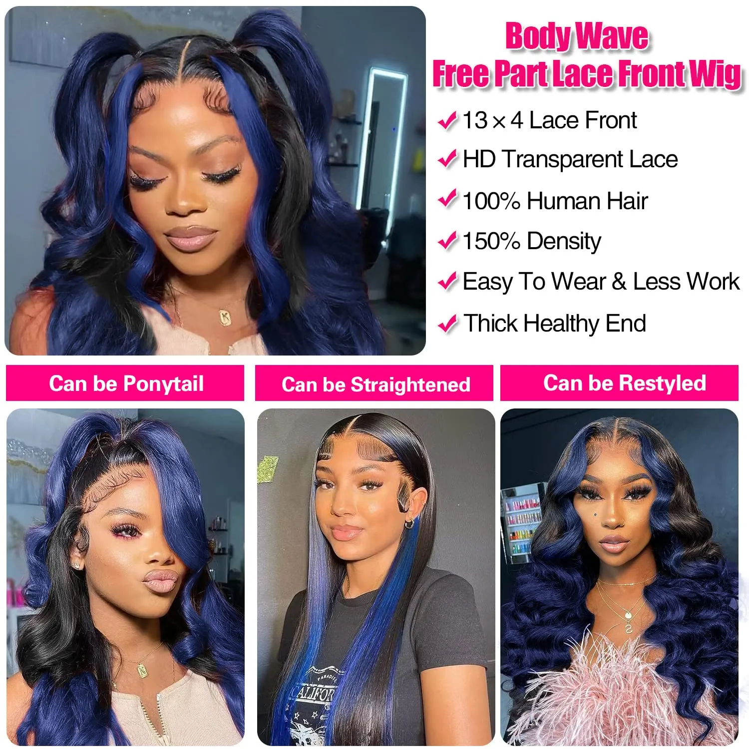Colorful Bird Ombre Blue Lace Front Wigs Human Hair Body Wave 13x4 Skunk Stripe Royal Blue Lace Front Wigs 150% 1B/blue Ombre Highlight HD Lace Front Wig Human Hair Pre Plucked with Baby Hair 18 inch