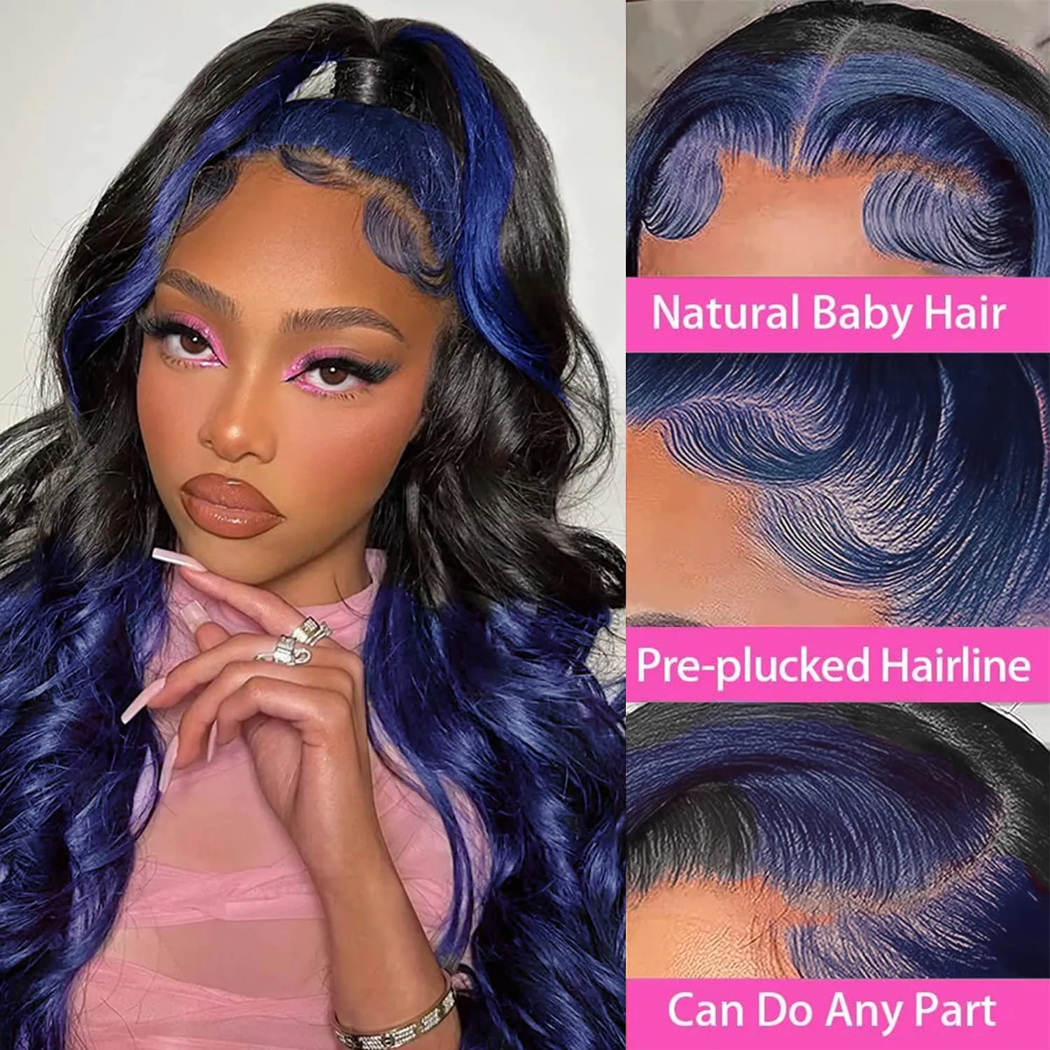 Colorful Bird Ombre Blue Lace Front Wigs Human Hair Body Wave 13x4 Skunk Stripe Royal Blue Lace Front Wigs 150% 1B/blue Ombre Highlight HD Lace Front Wig Human Hair Pre Plucked with Baby Hair 18 inch
