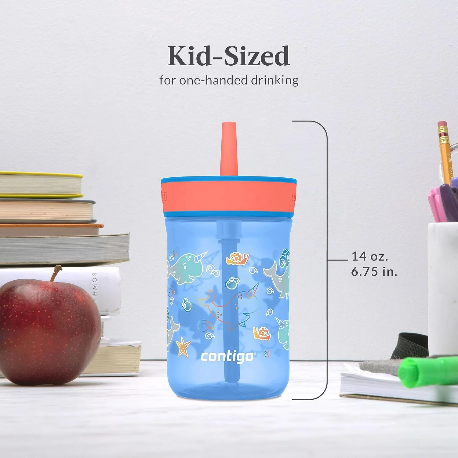 Contigo Kids’ Leighton Straw Tumbler with Spill-Proof Leak-Proof Lid, 14oz, Blue Poppy/Narwhals
