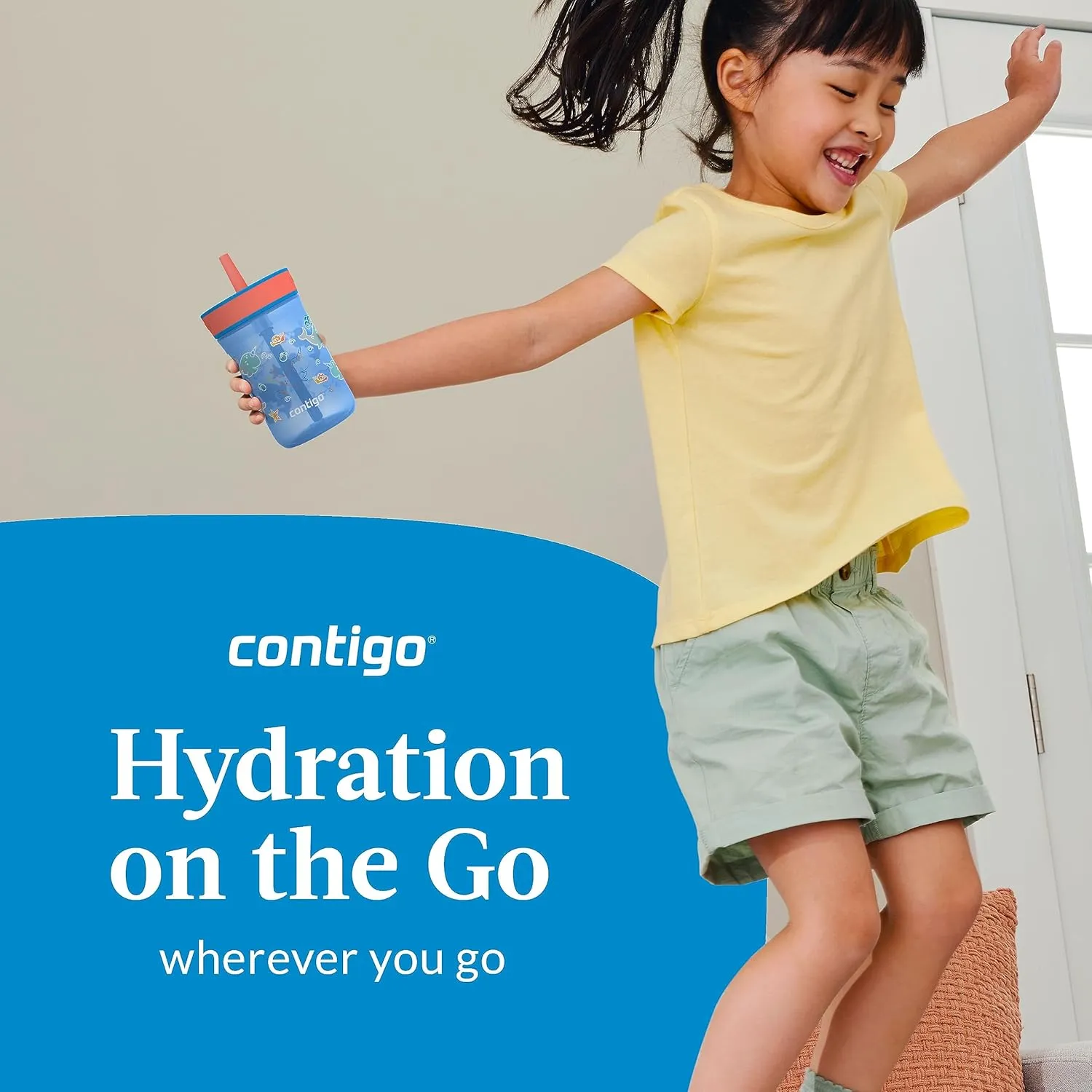 Contigo Kids’ Leighton Straw Tumbler with Spill-Proof Leak-Proof Lid, 14oz, Blue Poppy/Narwhals
