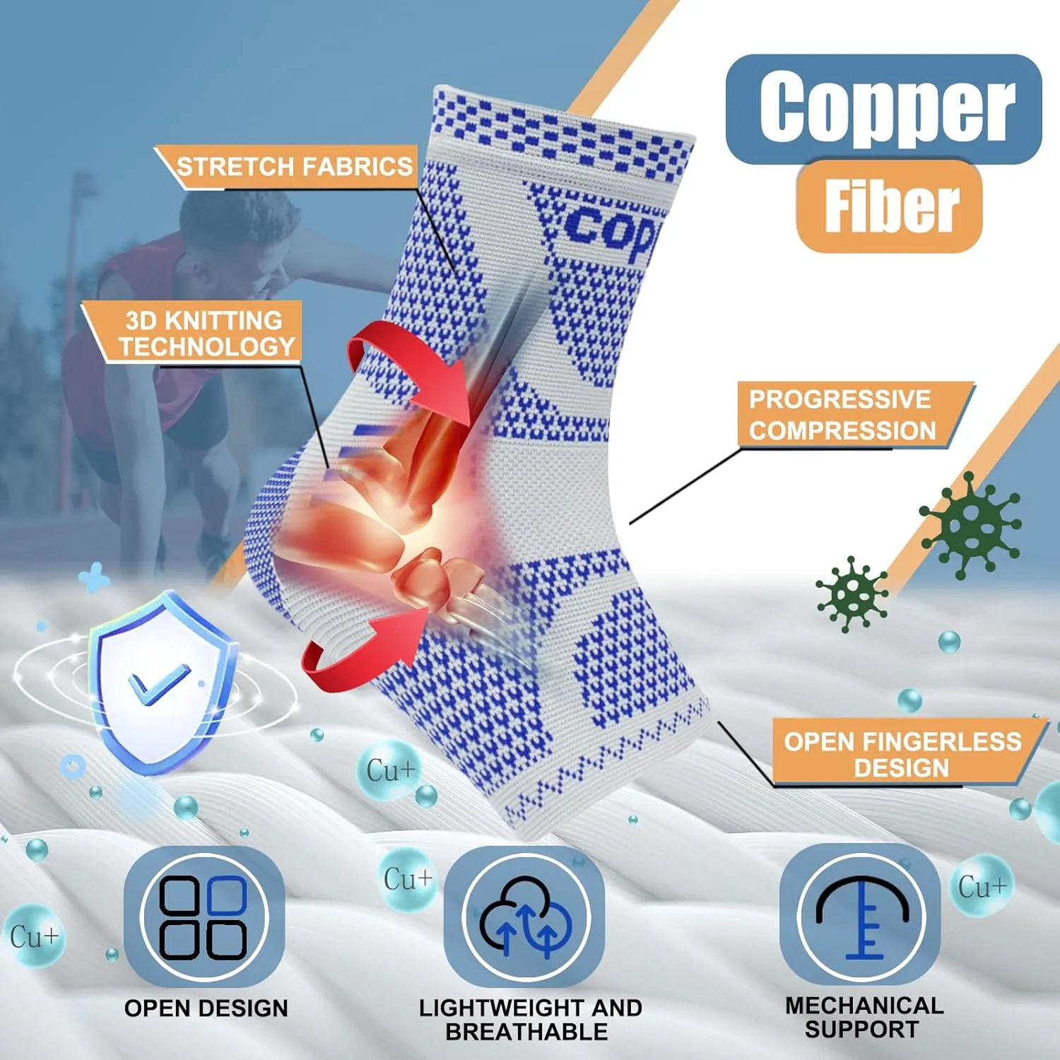 Copper Ankle Brace, Copper Infused Ankle Support Compression Sleeve for Men & Women, for Foot Pain Relief, Sprained Recovery, Achilles Tendonitis, Daytime or Night Use(Blue XL)
