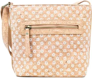Cork Crossbody Bag with Floral Pattern, 10 x 3.25 x 8 inches, Natural Portuguese Cork, Beige
