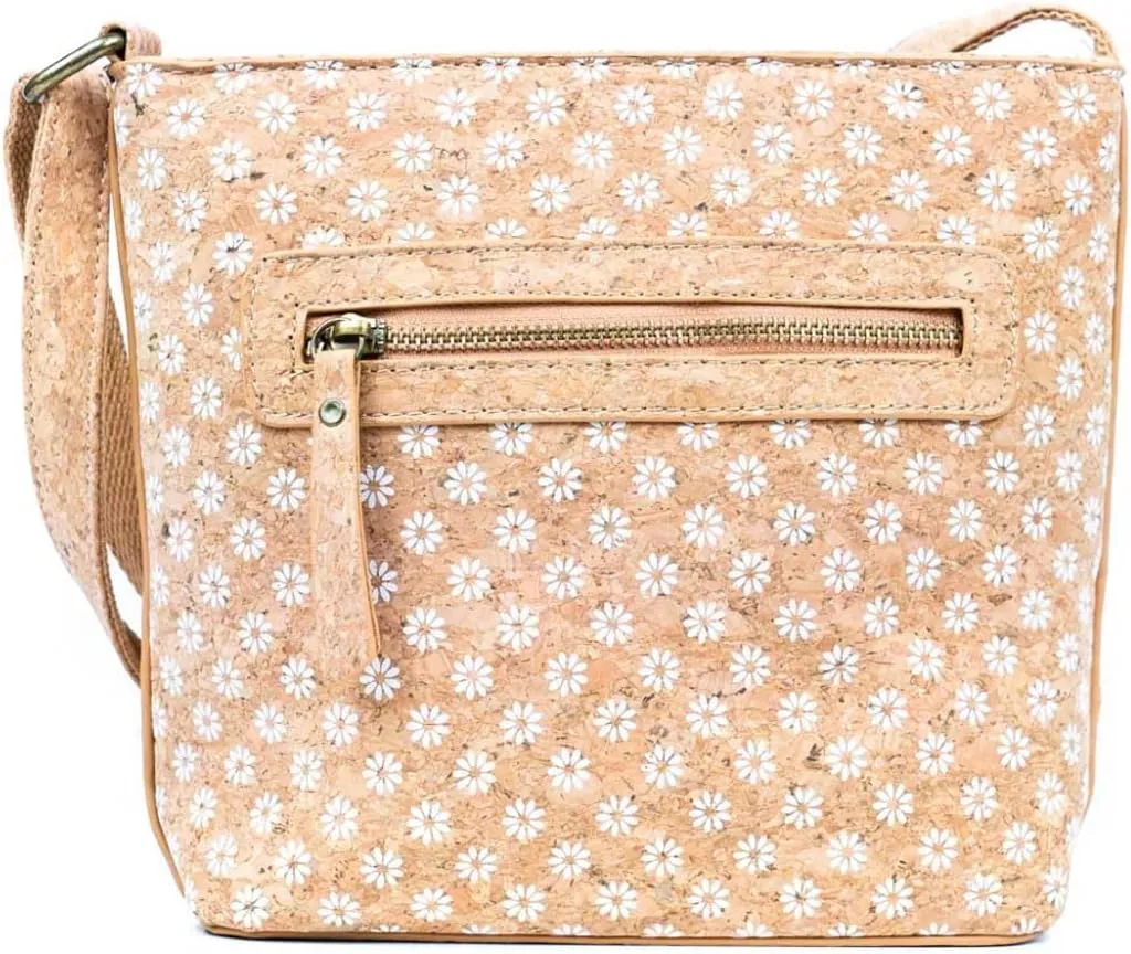 Cork Crossbody Bag with Floral Pattern, 10 x 3.25 x 8 inches, Natural Portuguese Cork, Beige