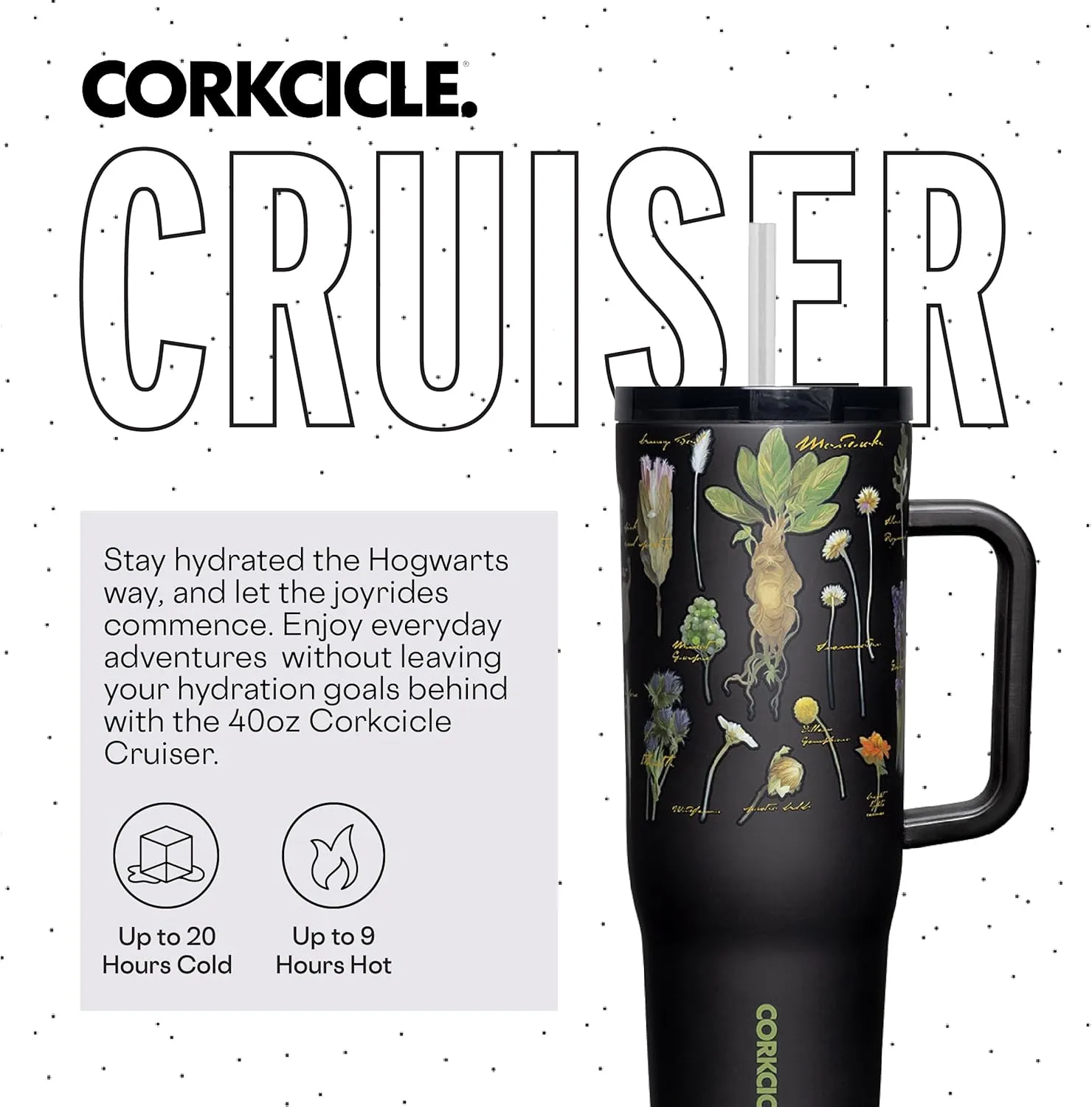 Corkcicle x Warner Brothers Harry Potter Herbology Cruiser - Insulated Tumbler with Handle & Straw, 40 oz – Reusable Water Bottle - Cold for 20 Hours, Hot for 9 Hours – Cupholder Friendly, Spill Proof