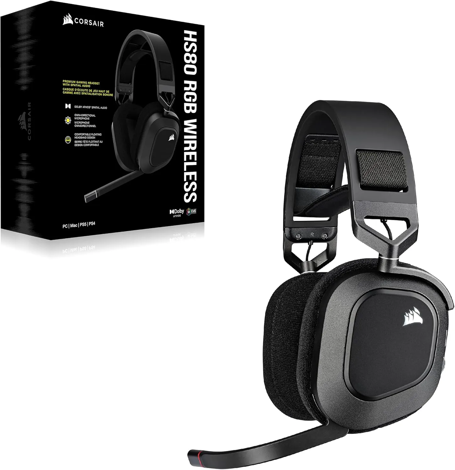 CORSAIR HS80 RGB WIRELESS Multiplatform Gaming Headset - Dolby Atmos - Lightweight Comfort Design - Broadcast Quality Microphone - iCUE Compatible - PC, Mac, PS5, PS4 - Black