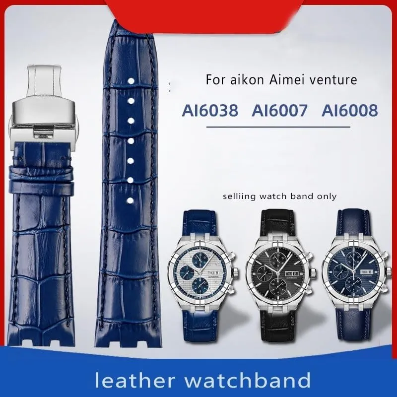 Cowhide Watch Strap For MAURICE LACROIX AIKON AI6038 AI6008 Three Eye Watch Modified Concave Convex Mouth Strap