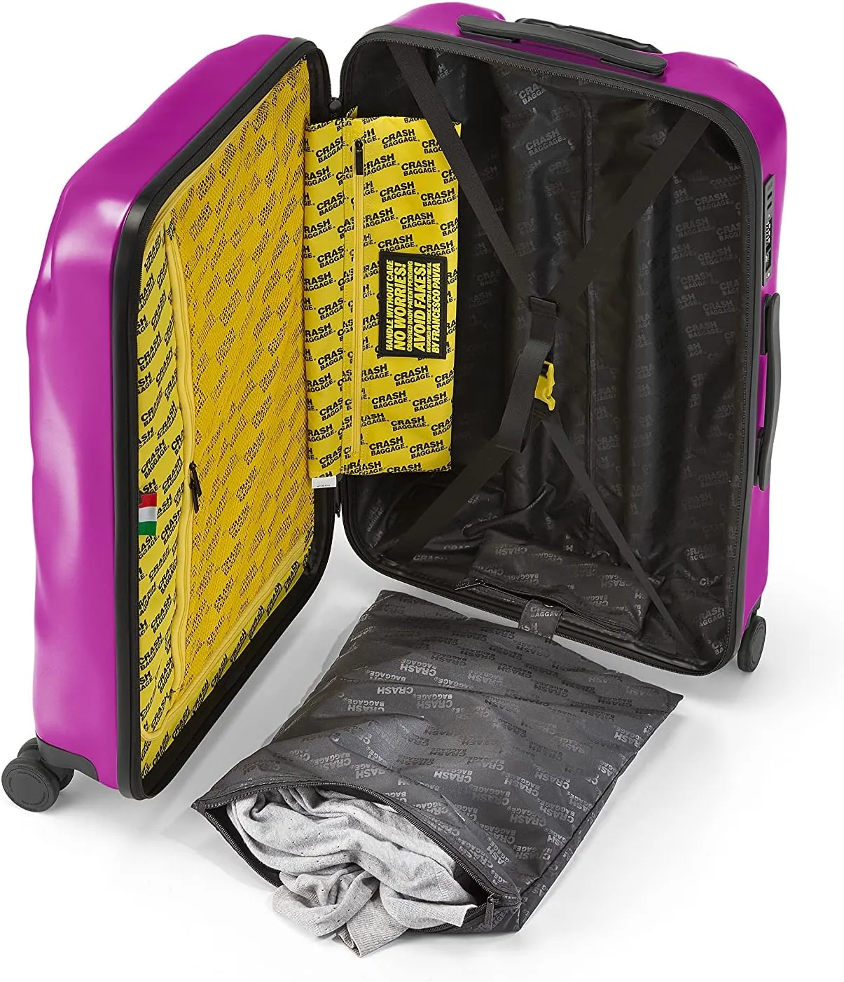 CRASH BAGGAGE Icon - 27 Inch Rolling Suitcase with 4 Spinner Wheels, Hardside Polycarbonate Travel Luggage, Lightweight, Interior Pockets, Airline Approved Lock, 65L - Medium/Fuchsia