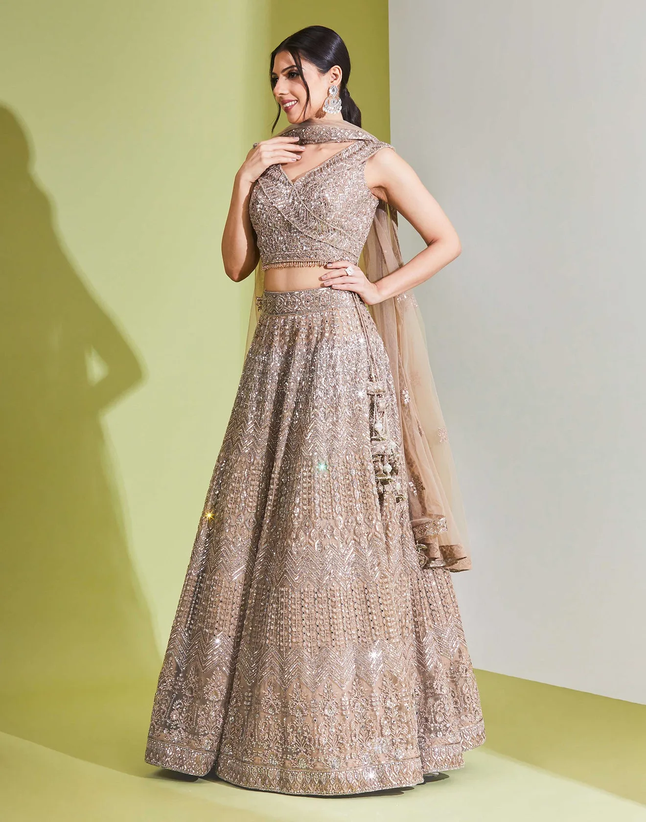 Cream Brown Embellished Lehenga Set