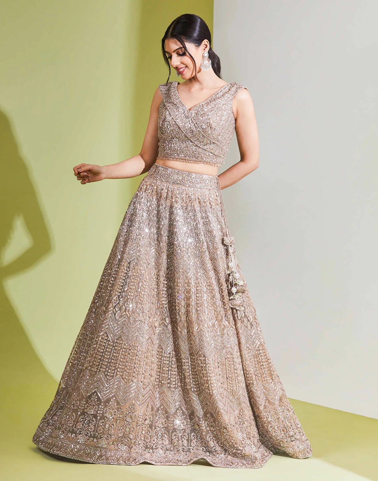 Cream Brown Embellished Lehenga Set