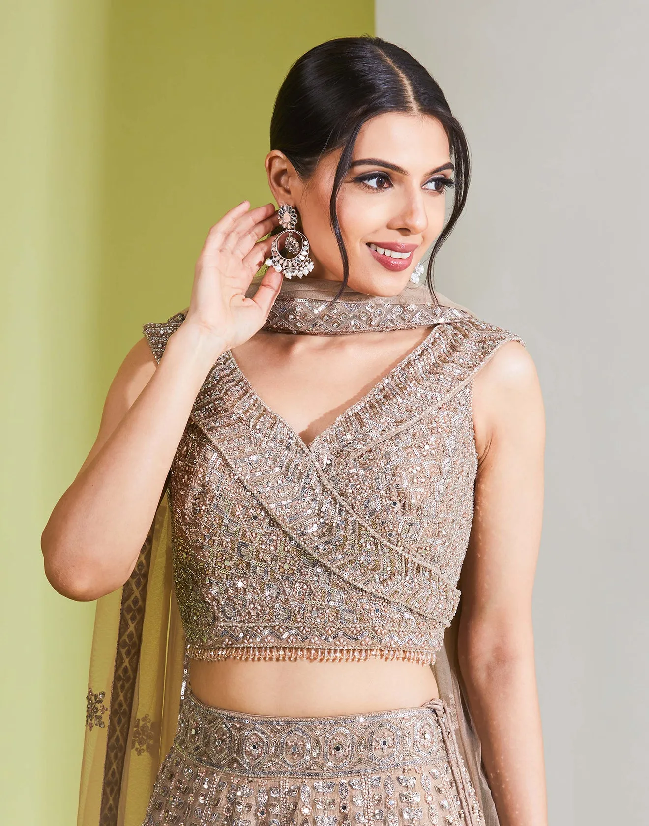 Cream Brown Embellished Lehenga Set