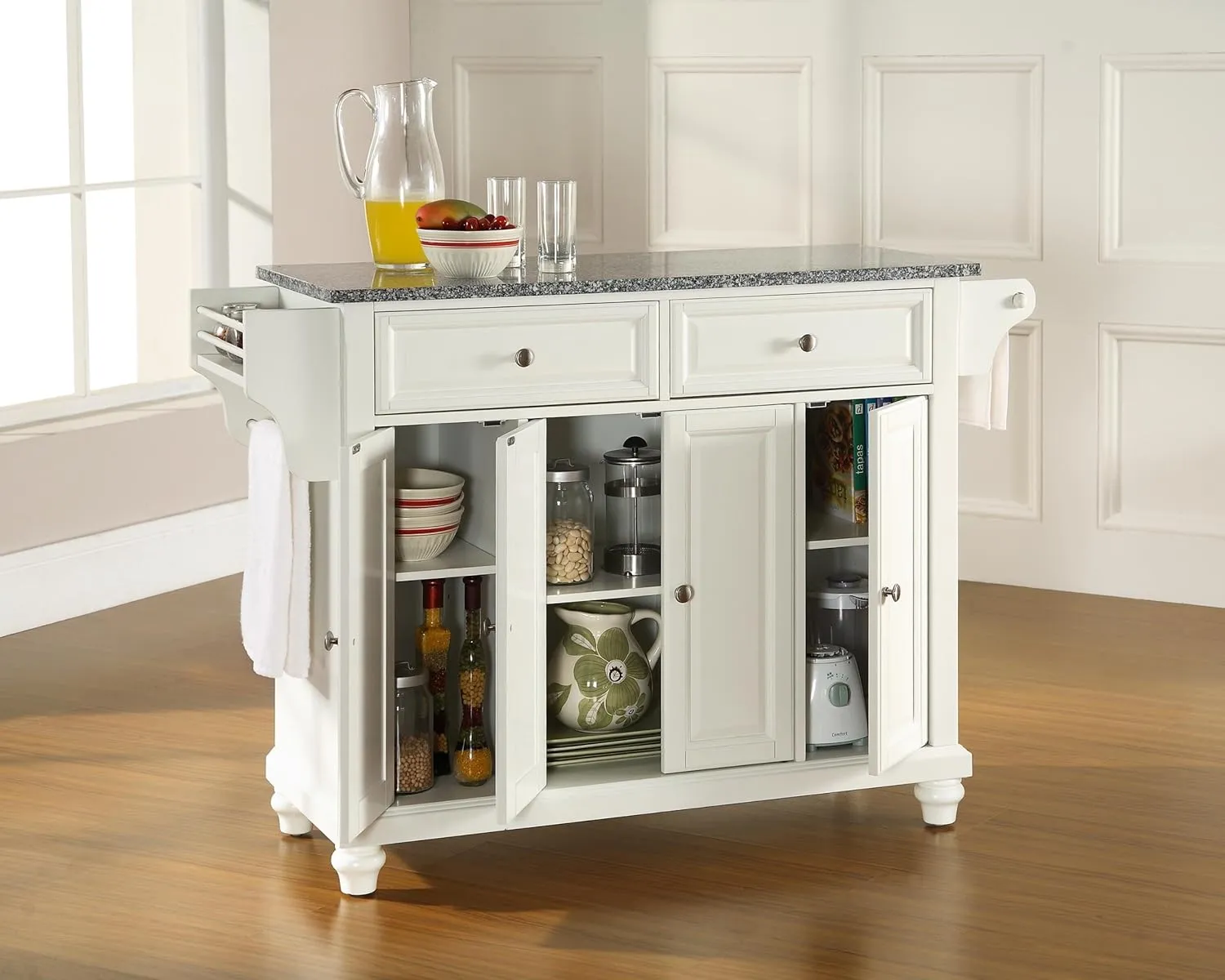 Crosley Furniture Cambridge Granite Top Rolling Kitchen Island Storage Cart, Microwave Stand, Spice Rack, White