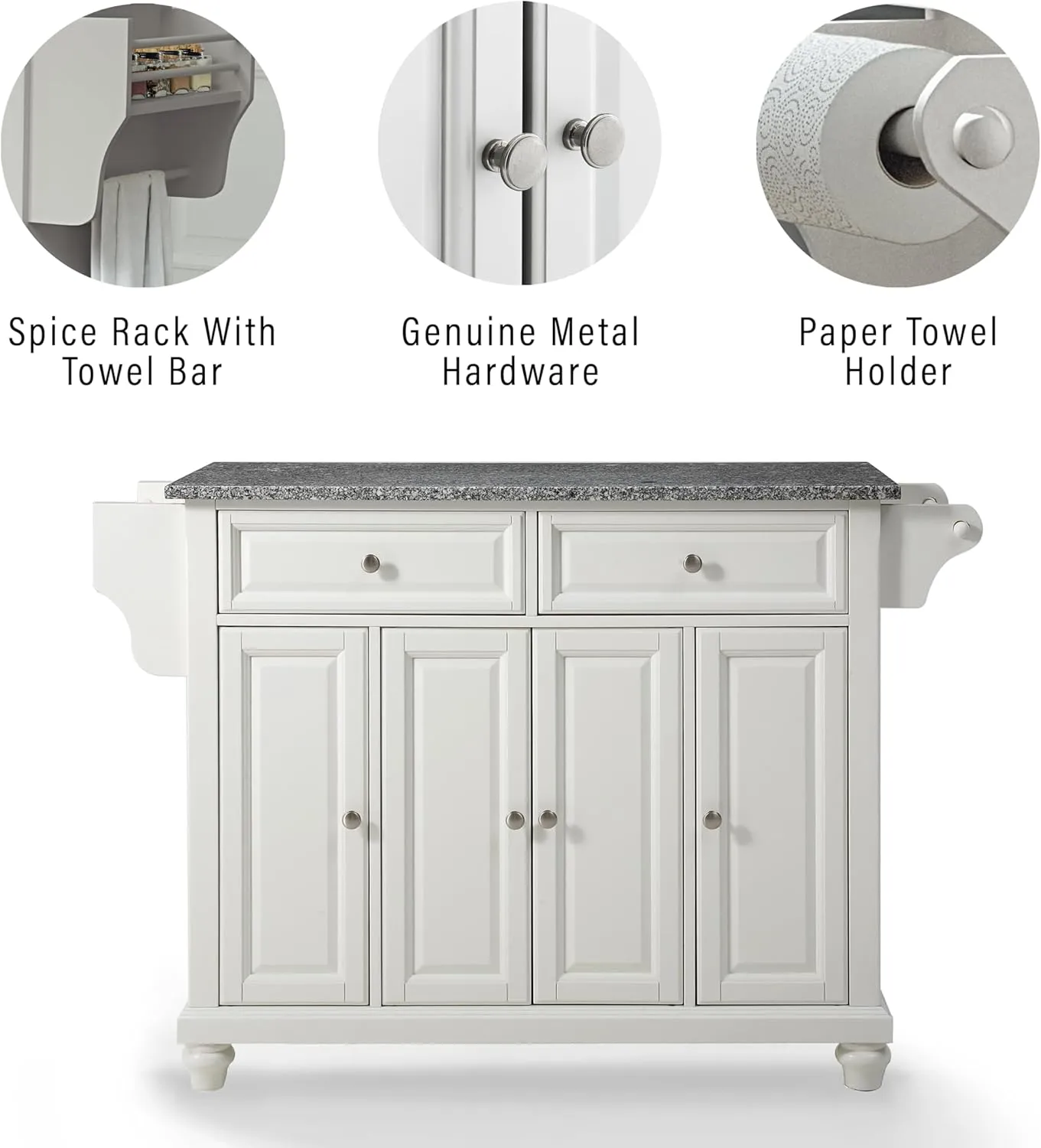 Crosley Furniture Cambridge Granite Top Rolling Kitchen Island Storage Cart, Microwave Stand, Spice Rack, White