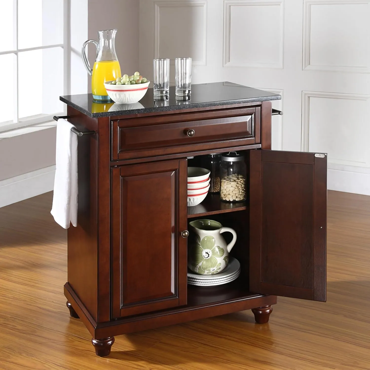 Crosley Furniture Cambridge Granite Top Small Portable Rolling Kitchen Island Storage Cart, Microwave Stand, Mahogany
