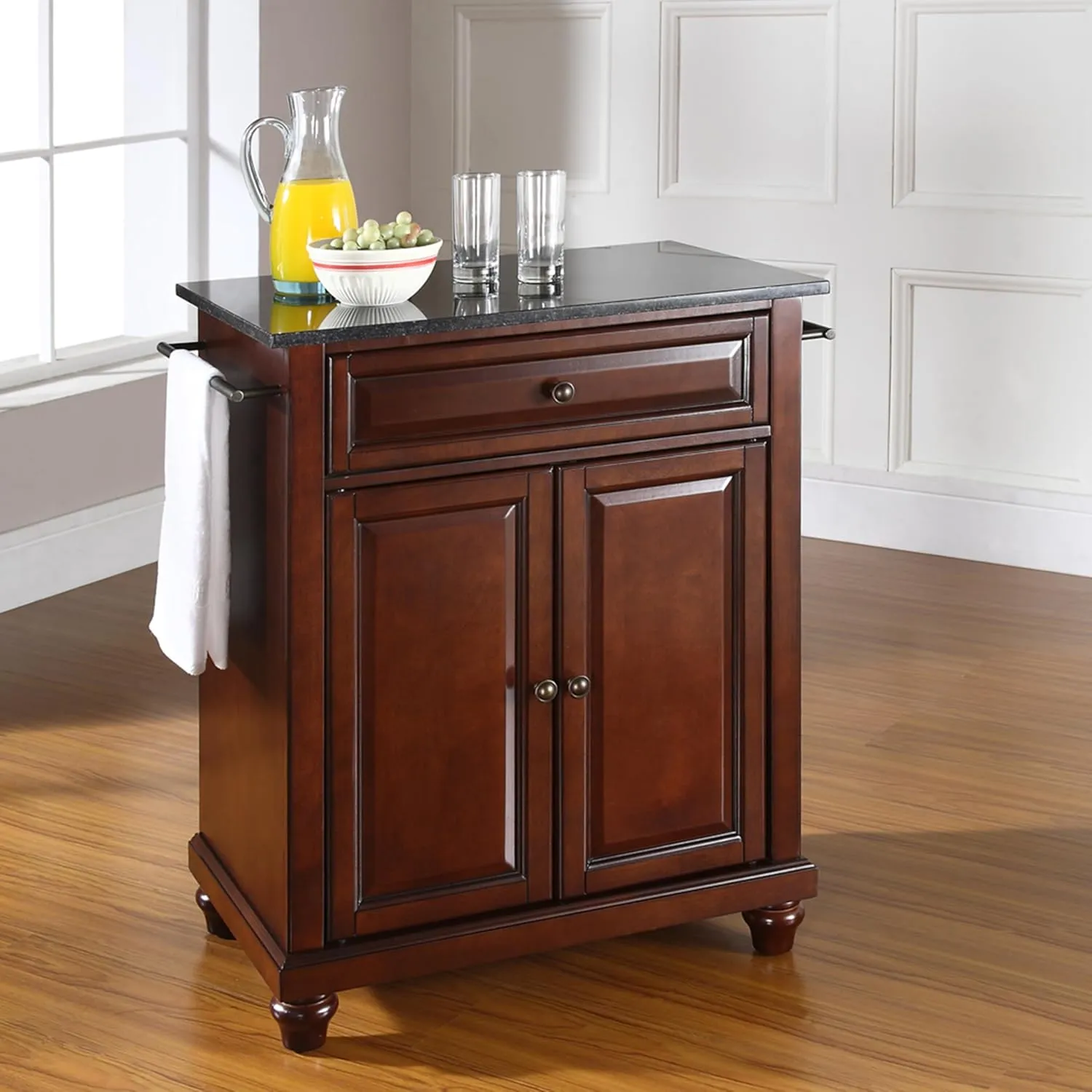 Crosley Furniture Cambridge Granite Top Small Portable Rolling Kitchen Island Storage Cart, Microwave Stand, Mahogany