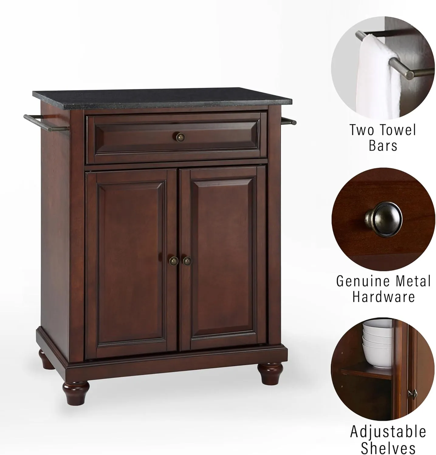 Crosley Furniture Cambridge Granite Top Small Portable Rolling Kitchen Island Storage Cart, Microwave Stand, Mahogany