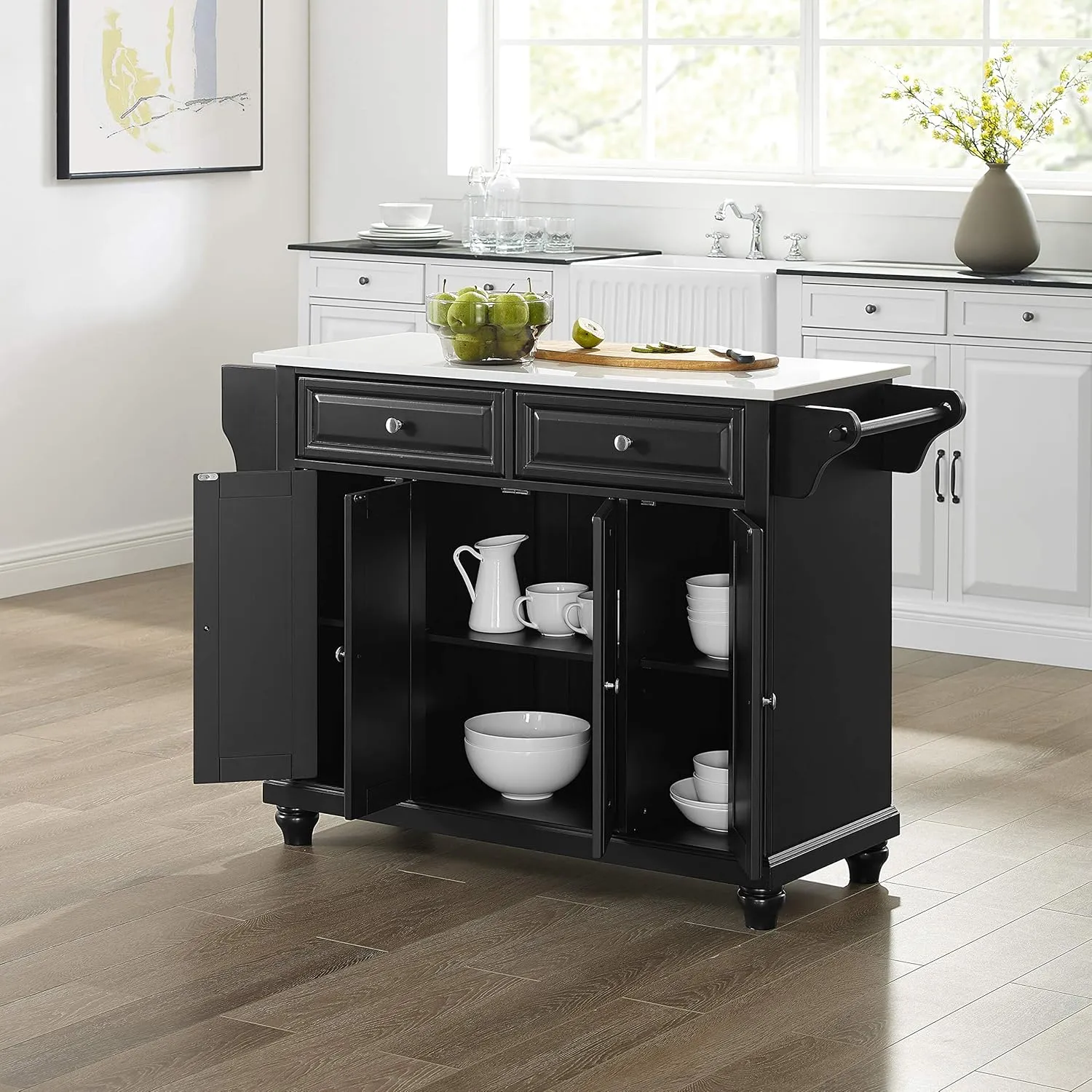 Crosley Furniture Cambridge Stone Top Rolling Kitchen Island Storage Cart, Microwave Stand, Spice Rack, Black