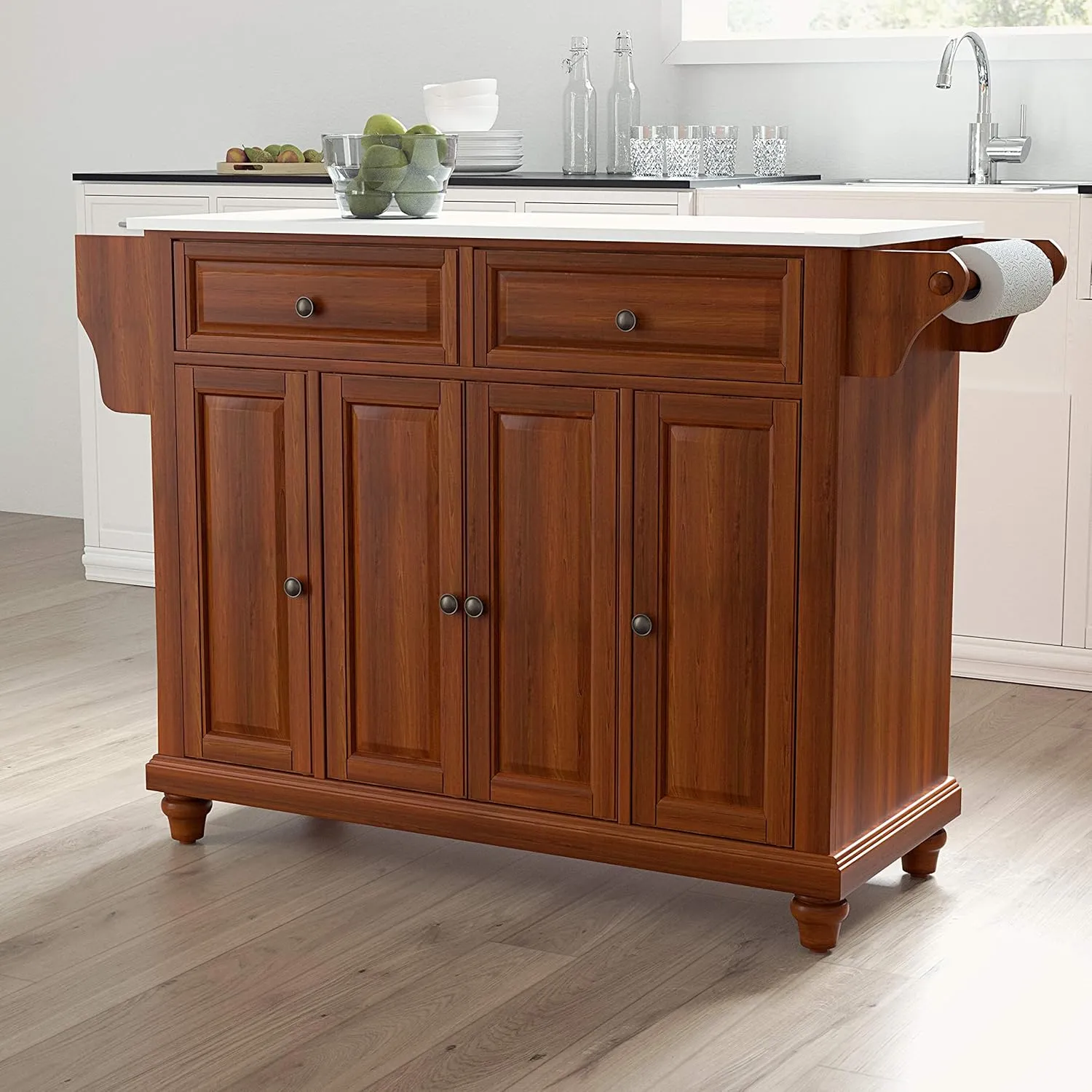 Crosley Furniture Cambridge Stone Top Rolling Kitchen Island Storage Cart, Microwave Stand, Spice Rack, Cherry